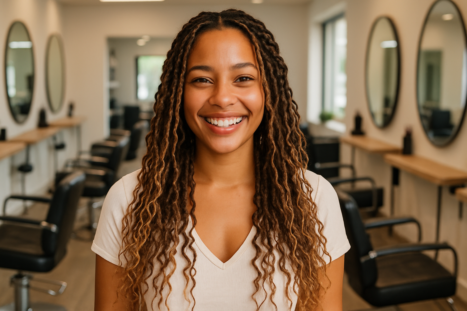 a woman with boho braids standing up in salon happy